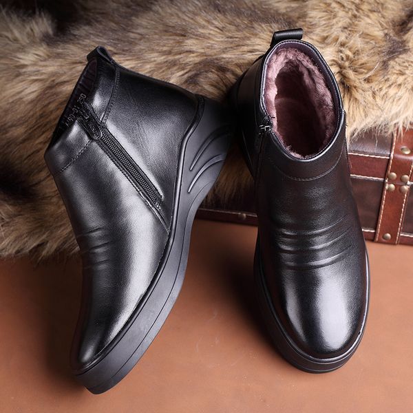 

genuine leather mens zip boots winter ankle man snow boots wool fashion footwear shoes men casual men shoes zapatos de hombre, Black
