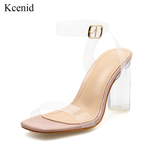 

kcenid pvc clear ankle strap transparent women shoes perspex high heels shoes sandals crystal heel concise women sandals, Black