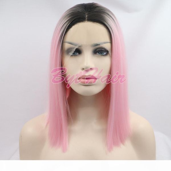 

парик фронта шнурка способа bythair ombre blackpink 12 дюймов прямой короткий боб синтетические жаропрочных парики волос популярные свободна, Black