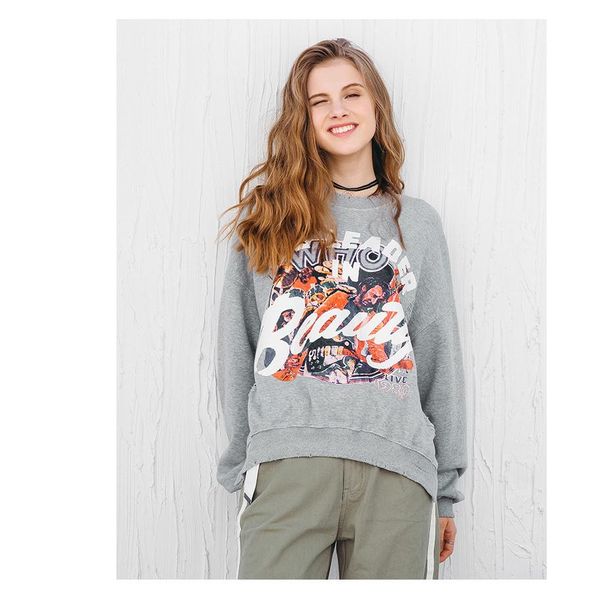 

brand fashion hoodies for women 2019 brand casual worn out print crew neck hoodie ladies fashion solid color clothing explosion, Black