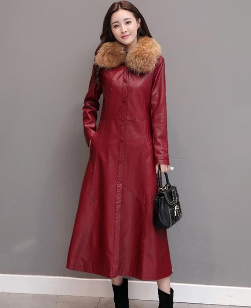 

2019 autumn winter women's faux leather trench coat slim large size single-breasted fur collar plus cotton pu windbreaker w761, Black