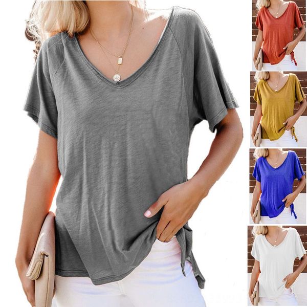 

2019 women's solid coat color v-neck short sleeve 2019 women's solid coat t-shirt color v-neck short sleeve t-shirt, White