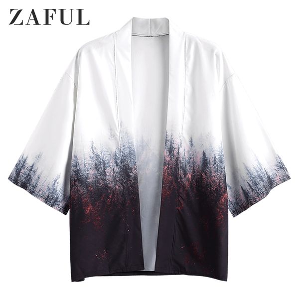

zaful kimono men cardigan three quarter sleeve forest painting print jacket loose large size beach female casual shirt, White;black