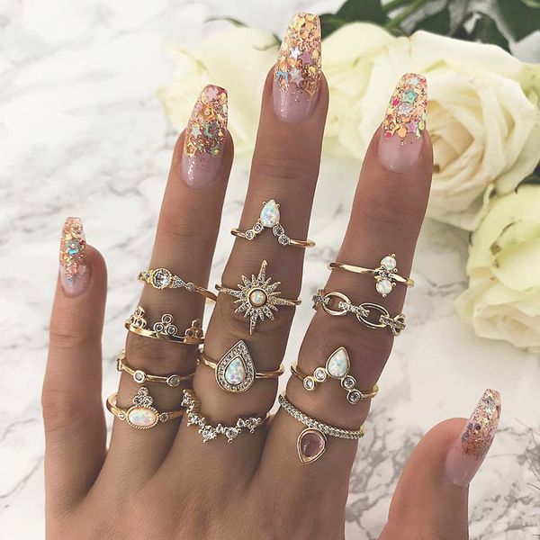 

12 pcs/set bohemian vintage crown water drops stars geometric crystal ring set women charm joint ring party wedding jewelry gift, Golden;silver