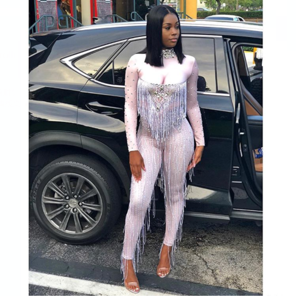 

shining crystals tassel women's jumpsuit printed big stones rompers prom birthday celebrity outfit nightclub show costume, Black;white