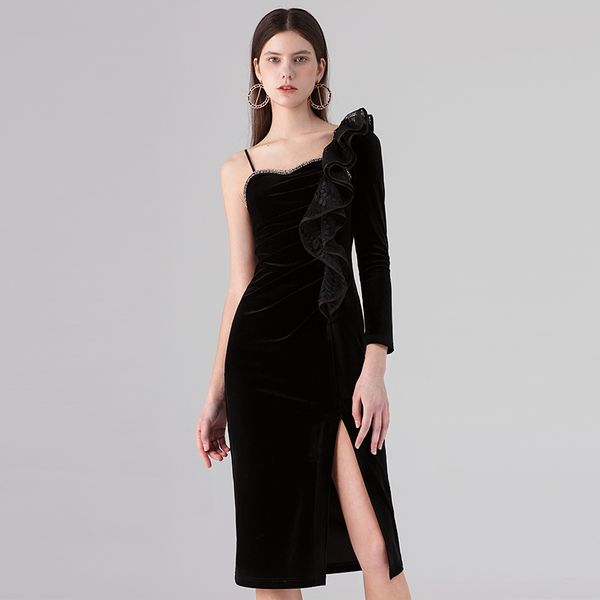 

velvet lace stitching off-shoulder dress oblique shoulder asymmetric ruffled split dress one-shoulder single long sleeve dress, White;black