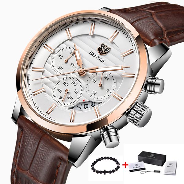 

benyar fashion business men watches sport chronograph fashion waterproof quartz wristwatch male clock relogio, Slivery;brown