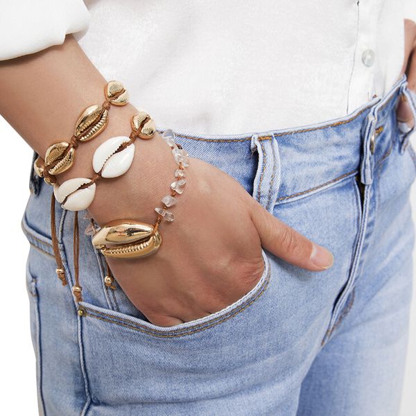 

gold color cowrie shell bracelets delicate rope chain bracelet beads charm bracelet bohemian beach jewelry for women, Golden;silver
