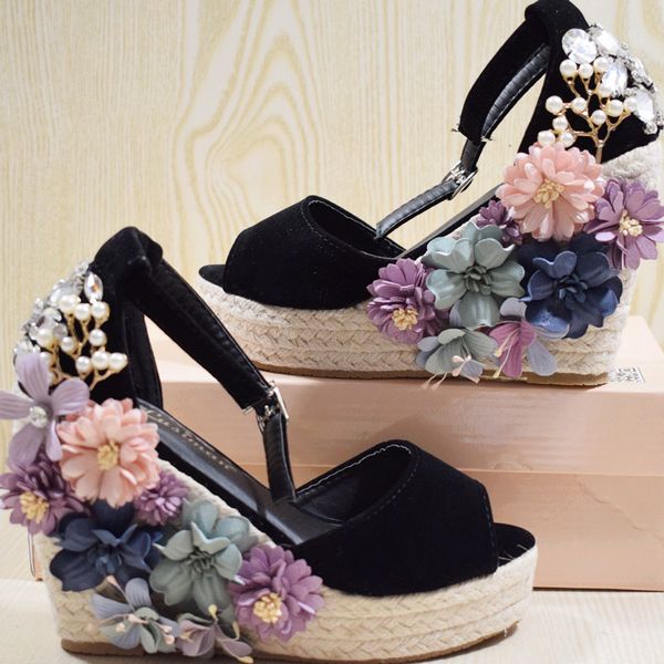 

handmade flowers bohemian wedge sandals female summer women's shoes word buckle with rattan non-slip high heel size code 42 size, Black