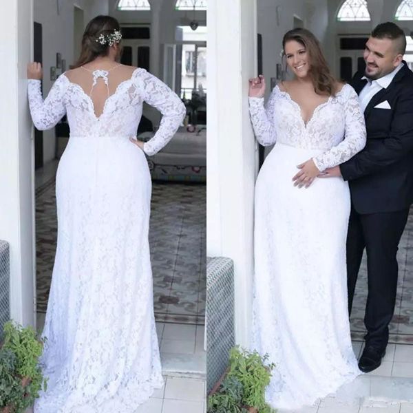 

2019 new vintage plunging v neck plus size lace wedding dresses backless long sleeve bridal gowns plus size beach wedding dress, White