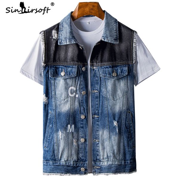 

sleeveless denim casual streetwear autumn hip hop cowboy jacket male slim fited patchwork letter printing 2019 fashion cloth, Black;brown
