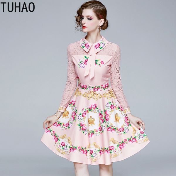 

tuhao women casual pink dress bow empire fashion runway lace patchwork dresses 2020 summer elegant office lady blue dress wm58, Black;gray