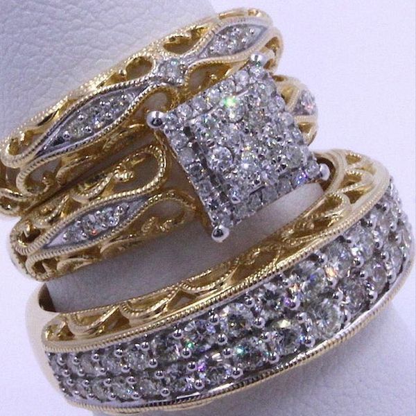 

modyle 2019 new design luxury 3 pcs/set gold and silver color hollow ring set big square cubic zircon wedding ring dropshipping, Slivery;golden