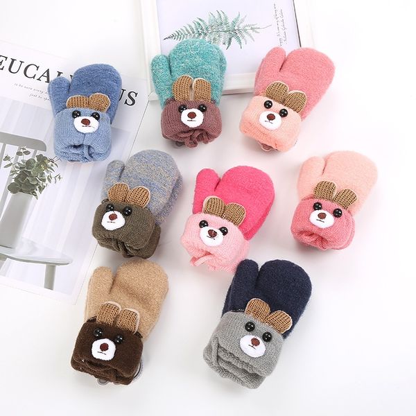 

cute ears bear cartoon children apply 0-3 years old gloves winter knitted wool double layer plus velvet thick warm, White
