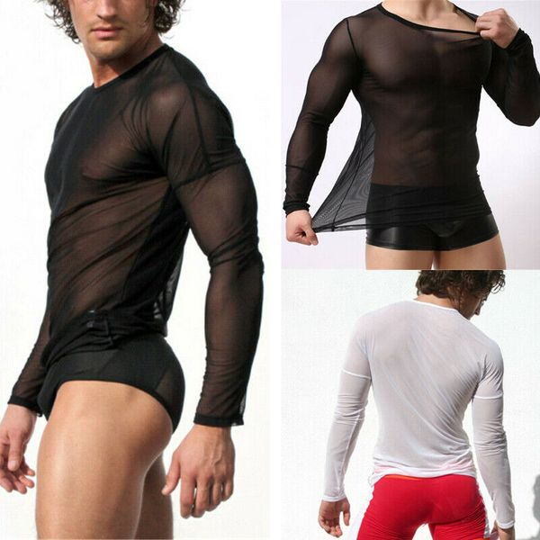 

men's t-shirts mens mesh see-through long sleeve breathable t-shirt tee muscle casual club, White;black