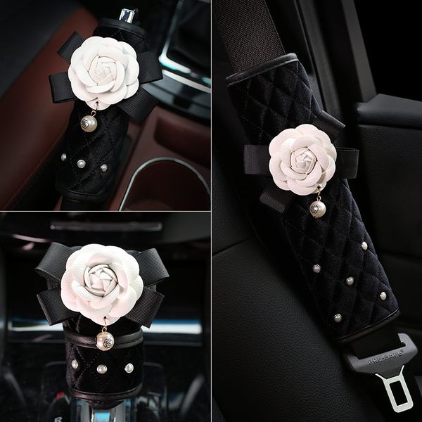 

pearl flower car plush seat belt cover auto gear shifter collars case handbrake cover winter car styling interior accessories