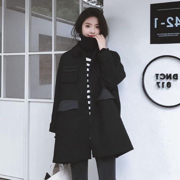 

sweet loose solid women long winter wool blend coat zipper pockets wool coat and jacket turn-down collar outerwear, Black