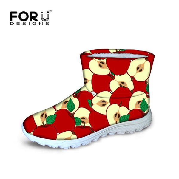 

forudesigns apple print winter boots women flats fruit pattern snow boots for ladies gift ankle casual warm shoes, Black