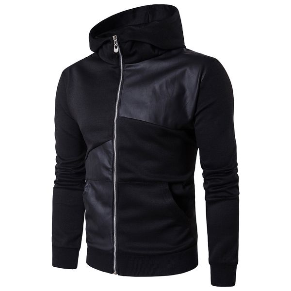 

new mens spring solid black mens stand collar zipper jackets british-style sweater black hooded sweatshirts splicing patchwork