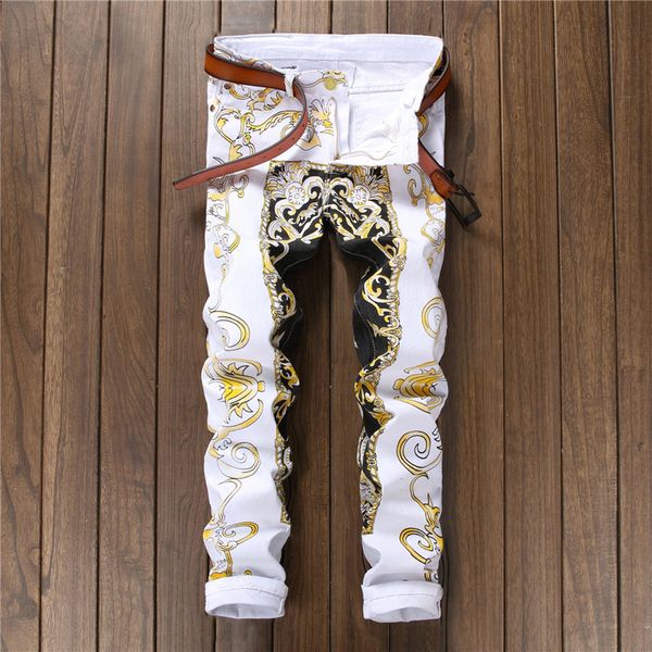 

men casual pattern printed jeans pants mens graffiti print white hip-hop fashion slim fit white trousers jeans, Blue