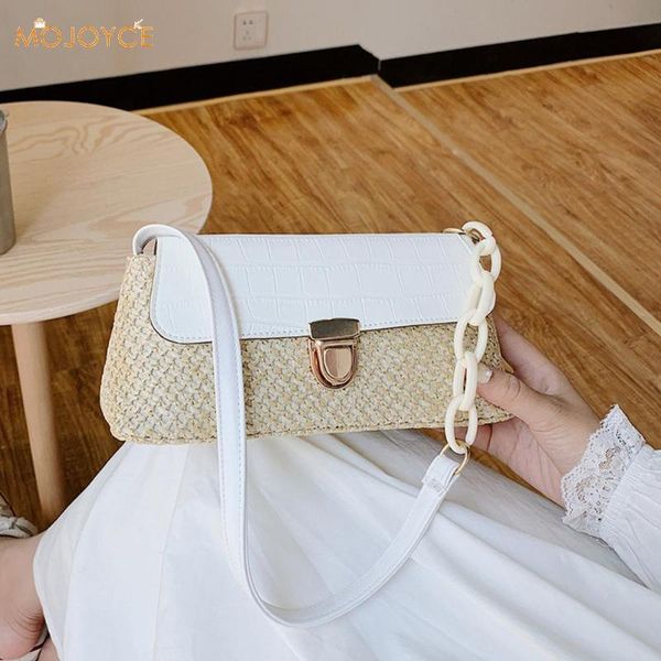 

creative design straw woven handbag women classic texture chic knit splicing pu totes holiday underarm shoulder bags