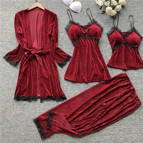 

autumn new 4 pcs thickening velvet long sleeve women pajamas lace with chest pad spaghetti strap sleepwear, Black;red
