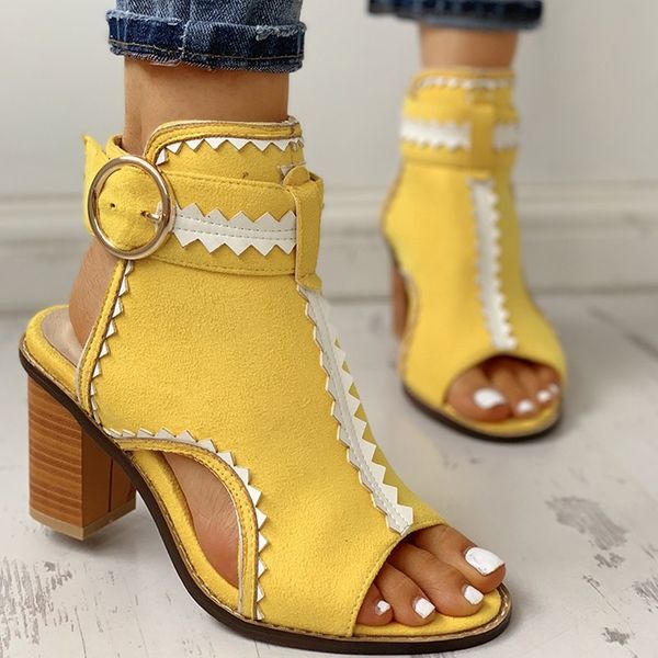 

summer open toe women sandals gladiator block high heels platform ladies shoes buckle strap roman yellow sandals big size, Black