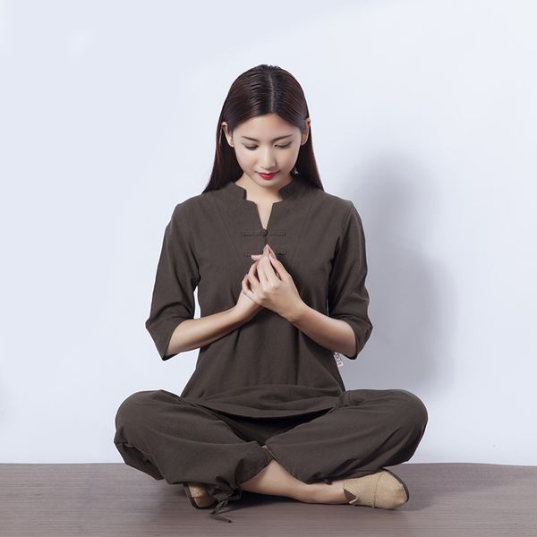 

cotton and linen meditation yoga clothes new fitness clothes outdoor sports female jushi meditation tai chi suit, White;red