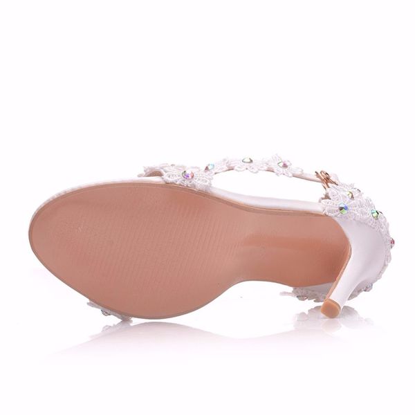 

crystal queen women sandals white lace flowers pearl tassel super heel fine high heels slender bridal wedding shoes mx200407, Black