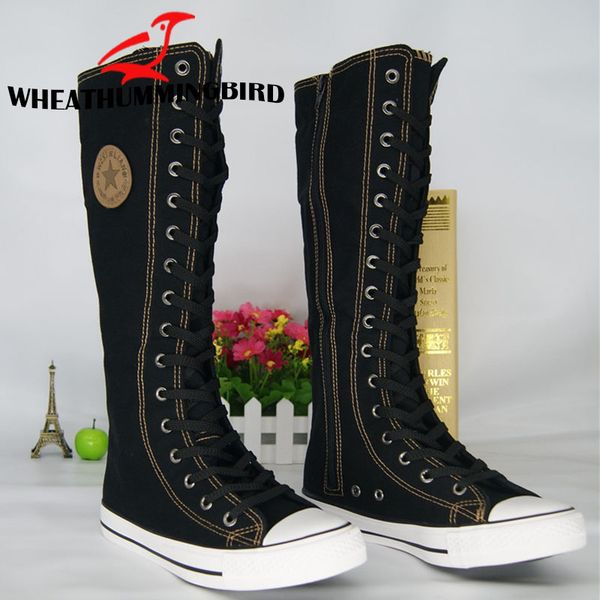 

plus szie 35-43 2019 fashion women shoes canvas lace up zip knee high shoes women flat casual tall punk ma-68, Black
