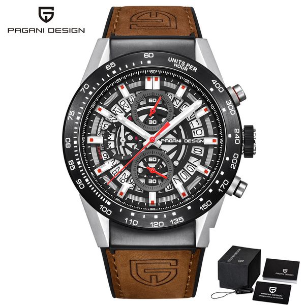 

pagani design fashion skeleton sport chronograph watch leather strap quartz mens watches brand luxury waterproof clock, Slivery;brown