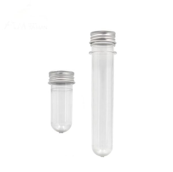 

20ml 40ml pet clear plastic empty refillable test tube bottle with aluminum caps container for sample cosmetic candy mask vial sn2327