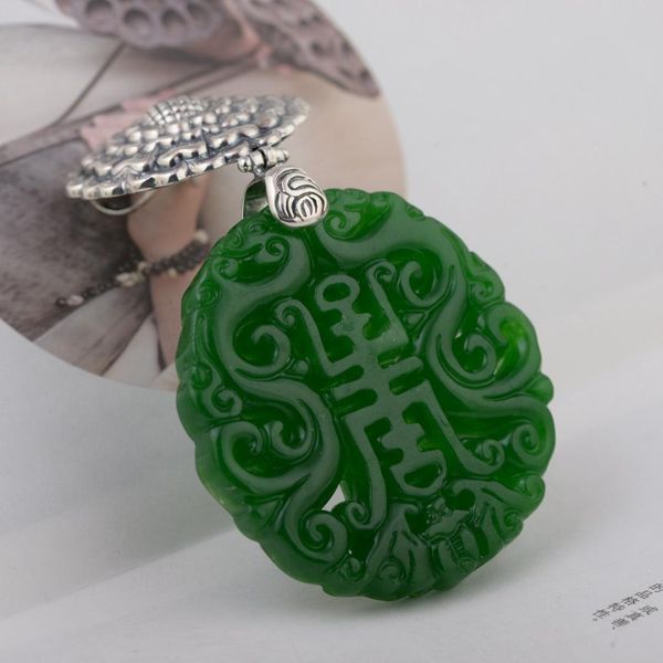 

genuine 925 sterling silver natural green jade pendant vintage flowers engraved large gemstone amulet for women
