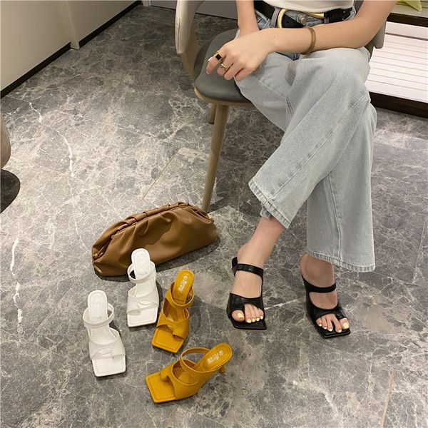 

slippers casual shoes woman 2020 fretwork heels slipers women low square toe heeled mules new thin soft high slides, Black