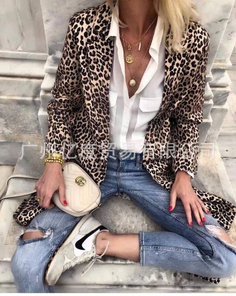 

2018 women autumn turn-down collar cato fashion leopard print long sleeve coat, Black