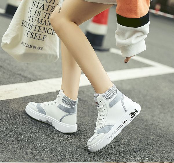

k19 highcasual sneakers womens autumn flatsoled leather korean version of womens small white shoes shoes damp leather surface burst, Black