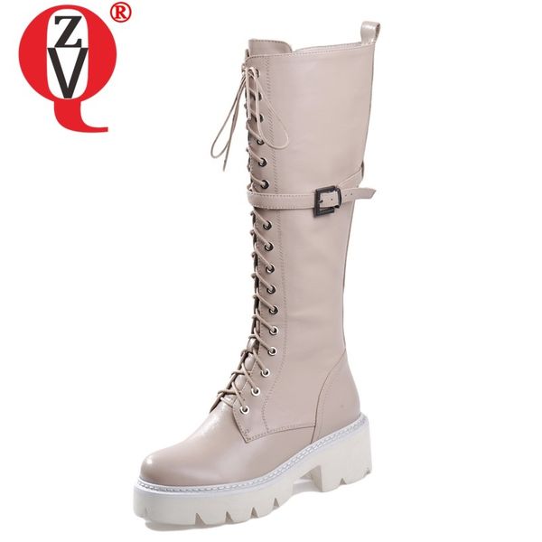 

zvq winter new casual genuine leather knee high boots outside high heels platform plus size cross-tied women shoes drop shipping, Black