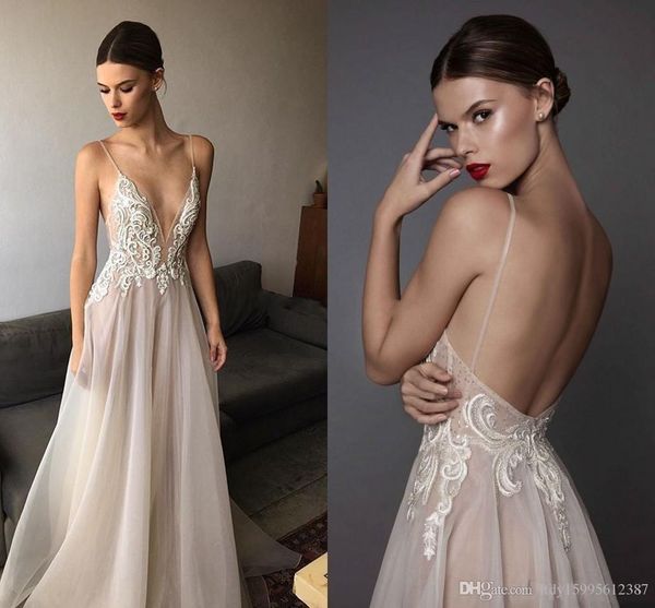 

2019 new ivory berta evening dresses deep v neck spaghetti straps embroidered chiffon backless summer illusion long prom dresses 1530, Black;red
