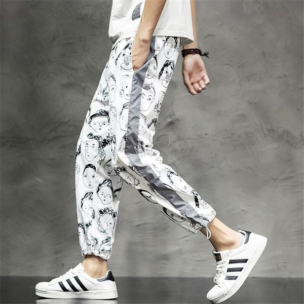 

reflective streetwear pants men jogger ankle-length harem pants joggers trousers men casual abstract character trousers, Black