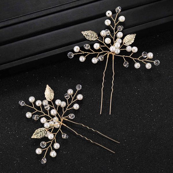 

2 шт / комплект ручной работы имитация pearl кристалл золотых листы волосы палочка clips ювелирных изделий шпильки головной убор bridal венч, Golden;white