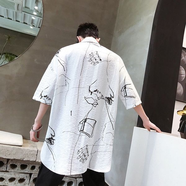

fashion men harajuku printed loose fit summer casual streetwear half sleeve irregular long shirts personality shirt, White;black