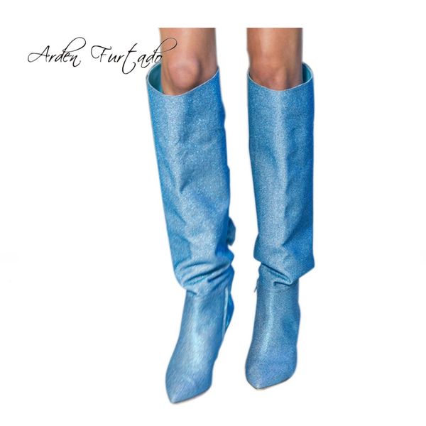 

arden furtado 2018 spring autumn stilettos lower heels 4cm fashion pink blue silver purple butterfly knot glitter knee high boot, Black