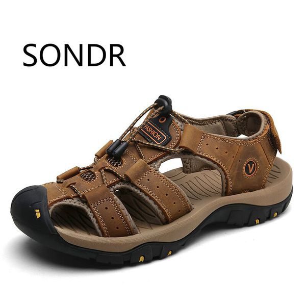

genuine leather men shoes summer new large size men's sandals men sandals fashion slippers big size 38-47, Black