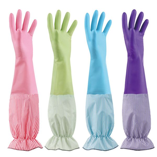 

2 pairs/ lot kitchen clean dishwash gloves woman plush straight strip latex thickening washing household laundry rubber gloves