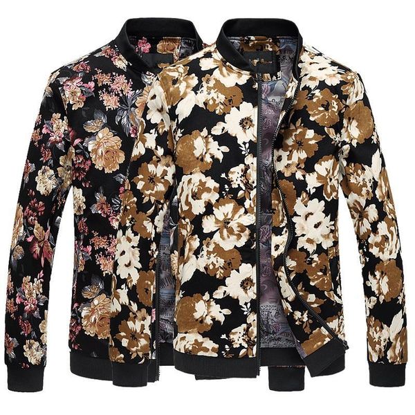 

big size men bomber jackets stand collar casual zipper jacket menbrand clothing outwear flower print coats young m-6xl, Black;brown
