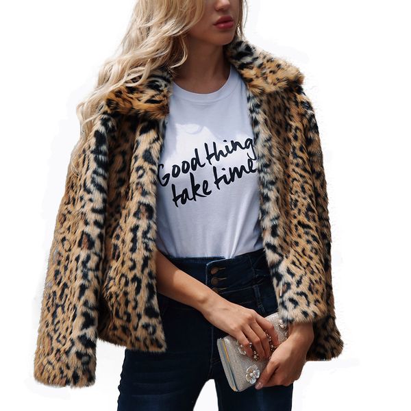 

faux fur coat leopard size plus fashion women short jacket faux fur outwear covered button winter warm lady slim coat, Black