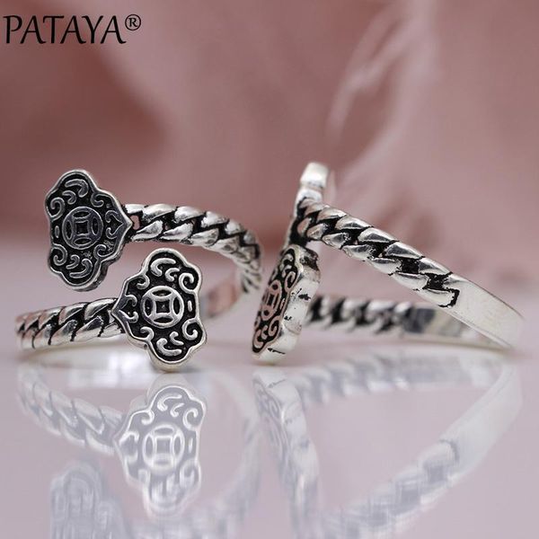 

pataya new 925 ancient silver open rings women wedding party lucky blessing fine fashion jewelry wipe black adjustable punk ring, Golden;silver