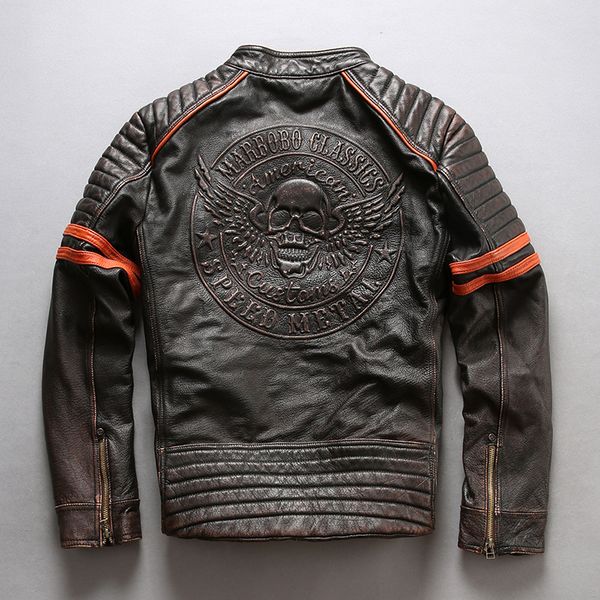 

2020 men's skulls motocycle leather jacket vintage slim fit biker jacket men pattern stand collar real leather coat for male, Black
