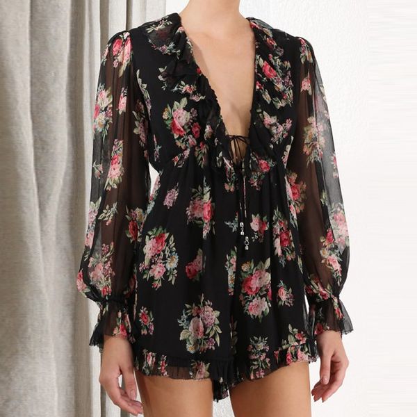 

2019 women's new silk print v-neck ruffle long sleeve lacing playsuits, Black;white