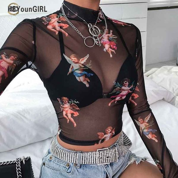 

turtleneck black mesh crop tees transparent long sleeve t shirt women printed casual woman tshirt party, White